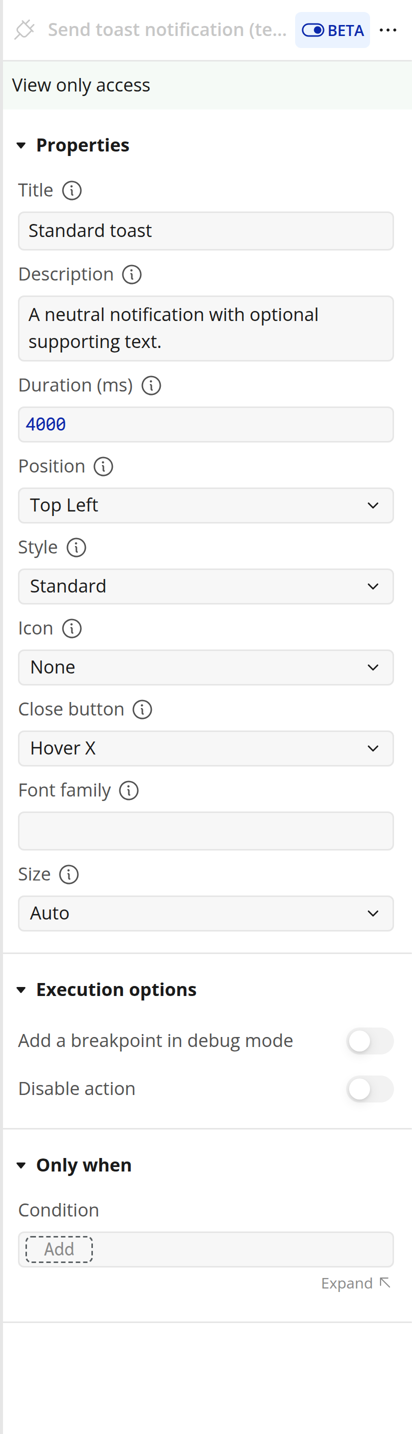 The Send toast notification action properties in the Bubble editor