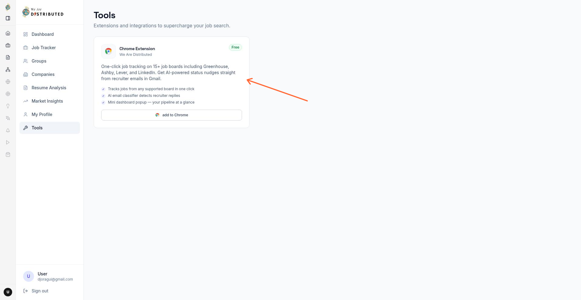 Tools page showing the Chrome Extension section with add to Chrome link