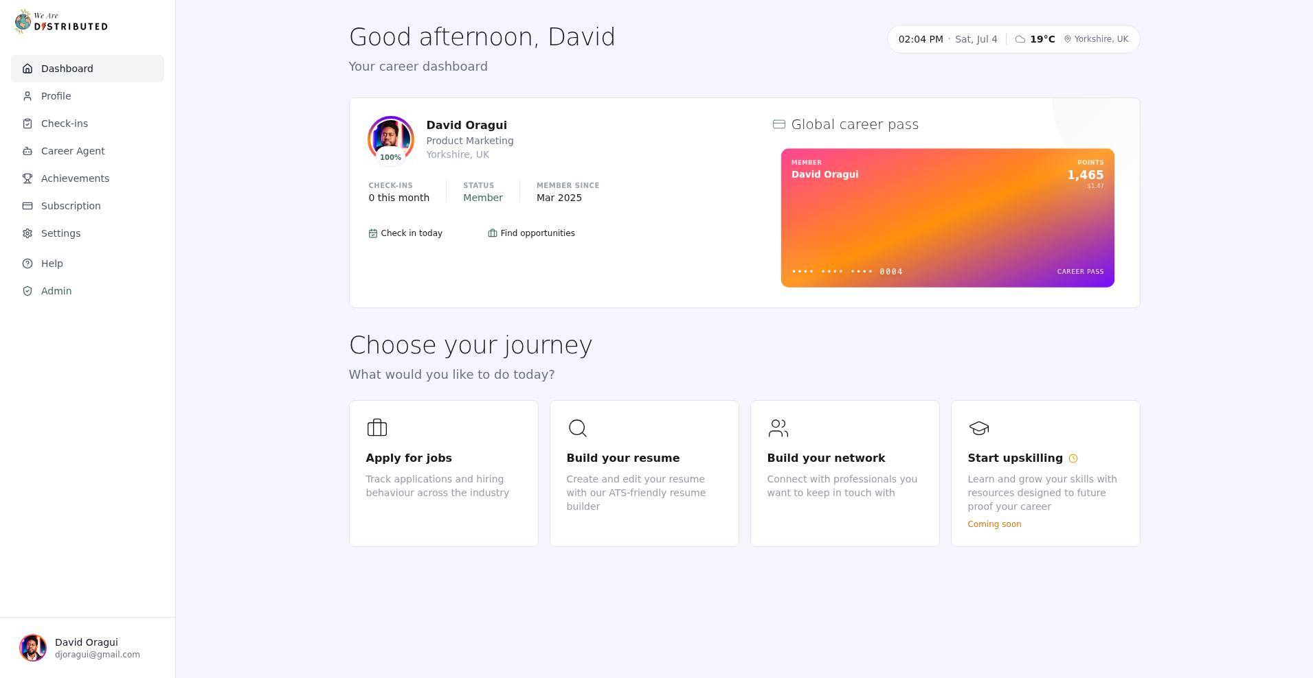 Dashboard showing the Choose your journey onboarding section