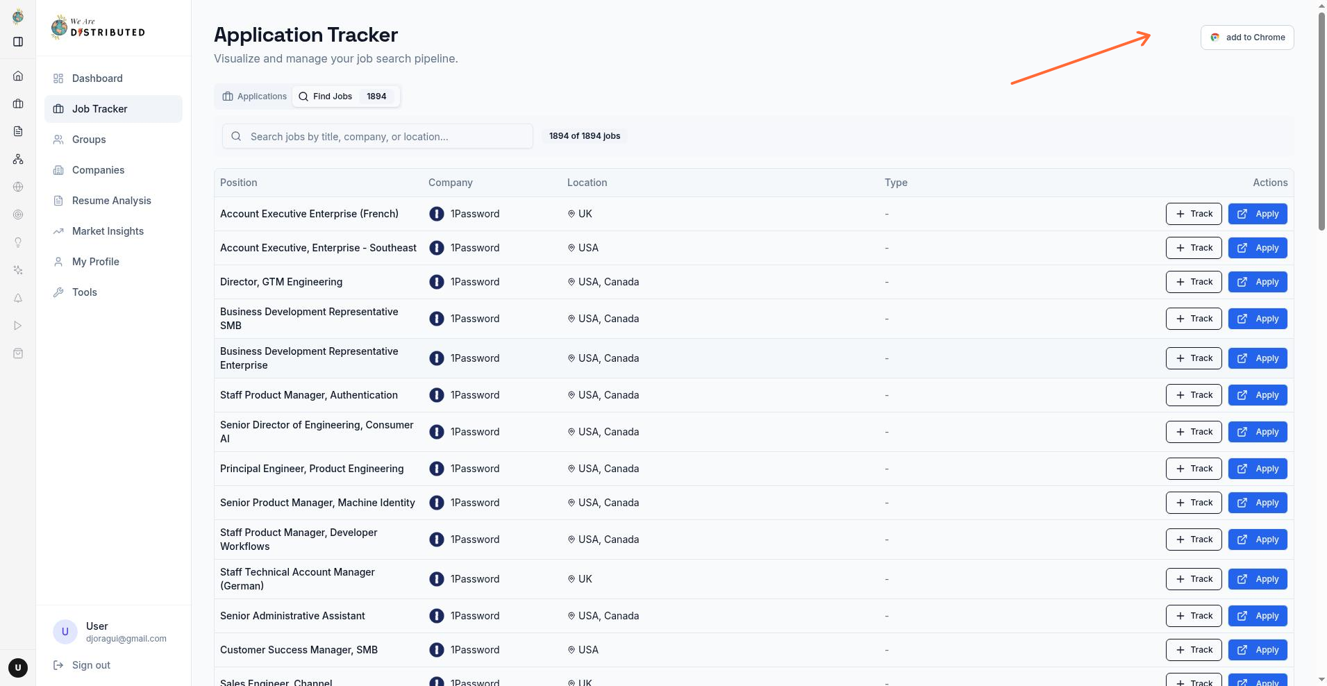 Job Tracker page showing the add to Chrome banner for the browser extension