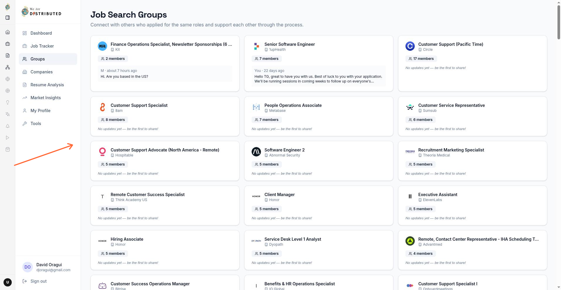 Groups page showing Remote Workers and AI/ML Enthusiasts groups with Join group and Add Group buttons