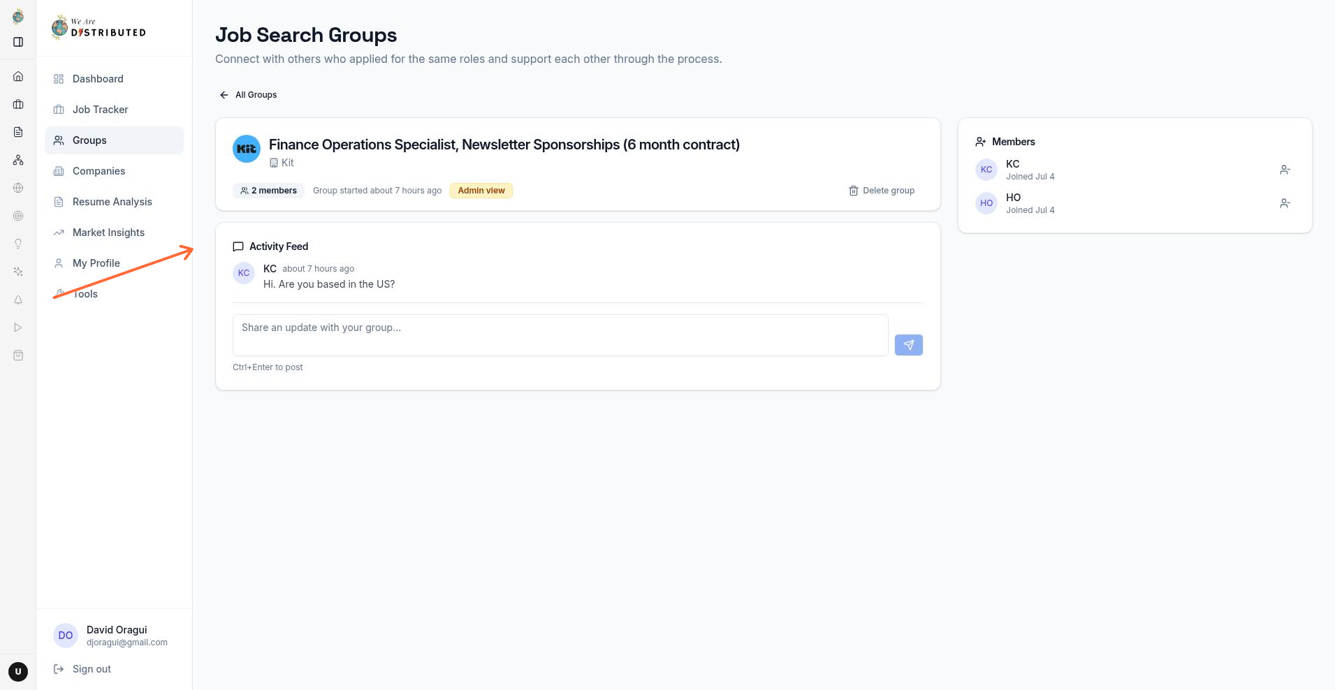 Group detail page for Kit showing the activity feed and member list