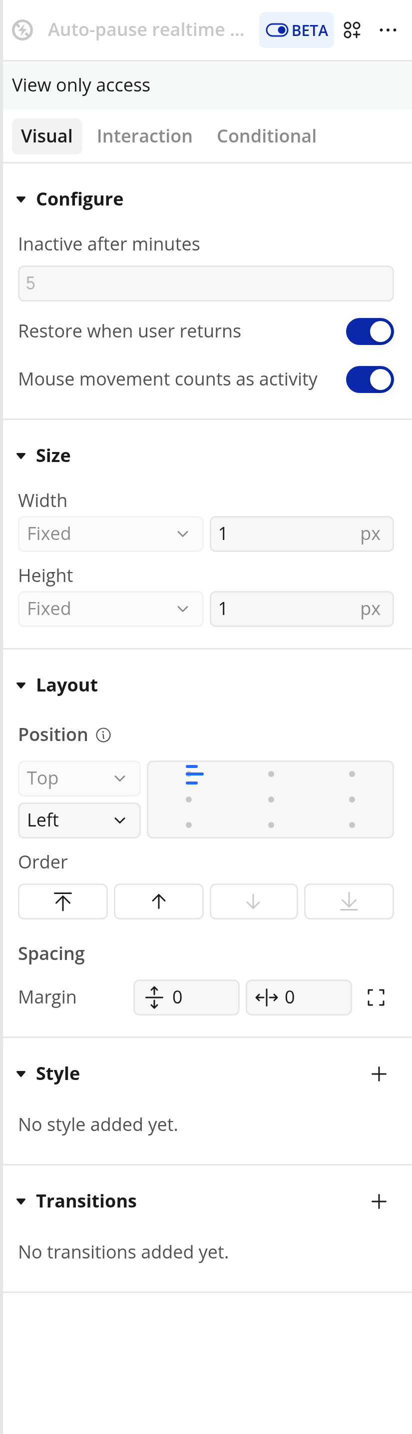 Auto-pause realtime updates property panel in the Bubble editor