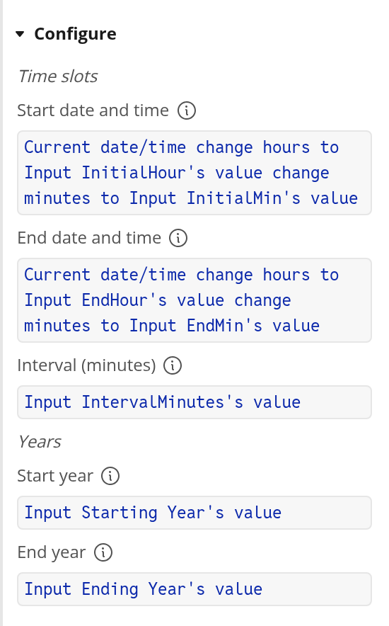 Calendar time slots properties in the Bubble editor