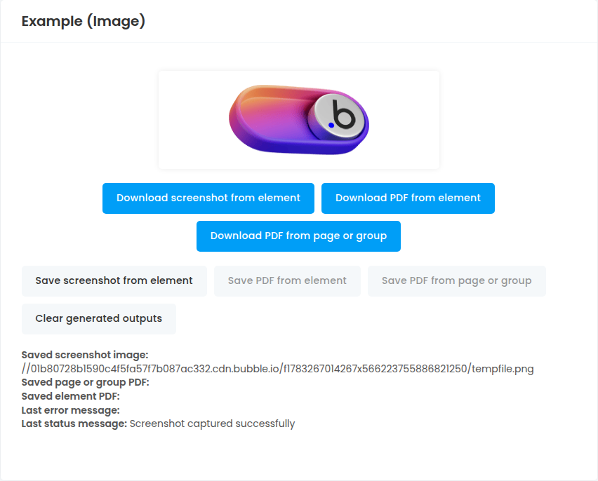 A Bubble demo page showing a screenshot saved to Bubble storage