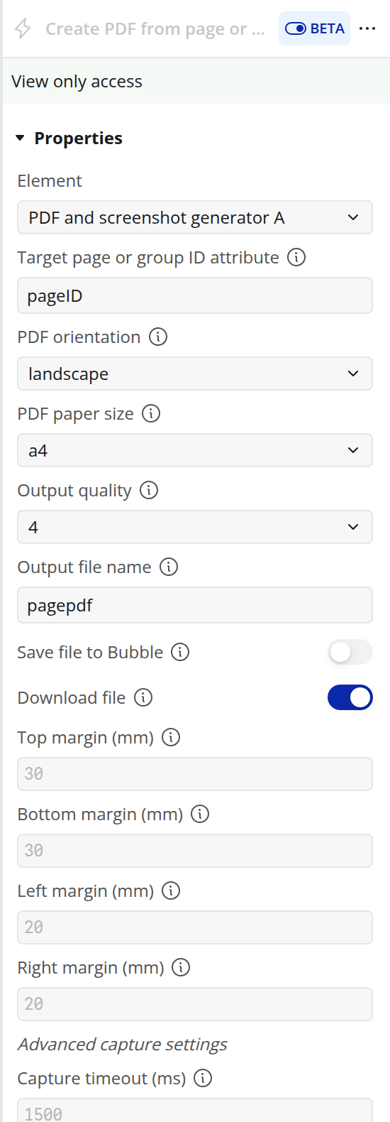 Create PDF from page or group action properties in the Bubble editor