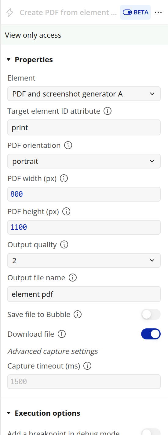 Create PDF from element action properties in the Bubble editor