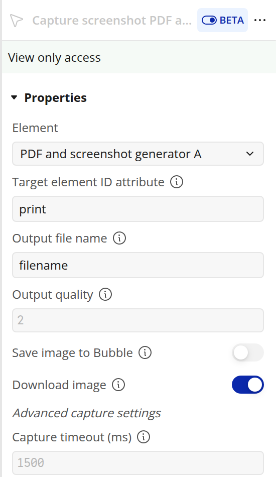 Capture screenshot action properties in the Bubble editor