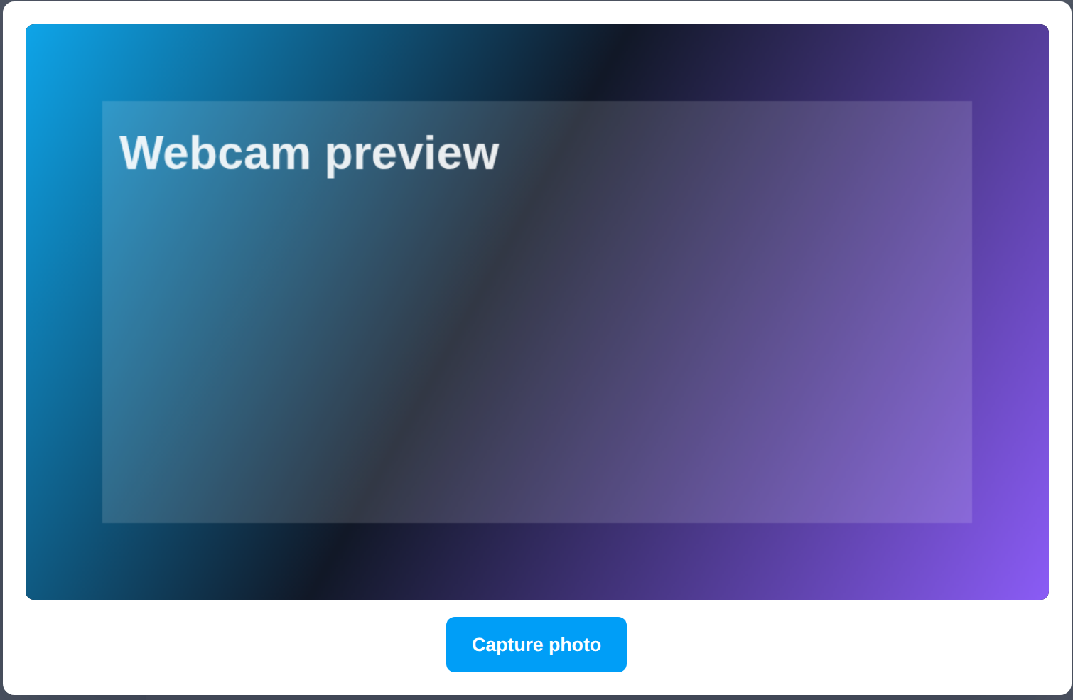 Webcam preview modal with a single Capture photo button