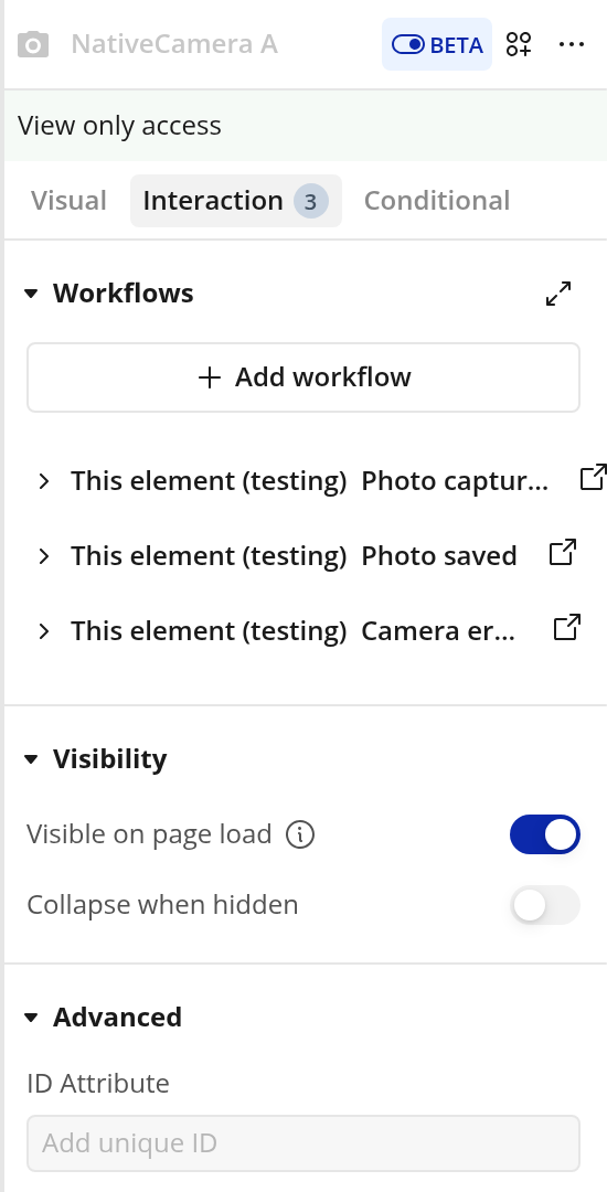 Native camera element event workflows