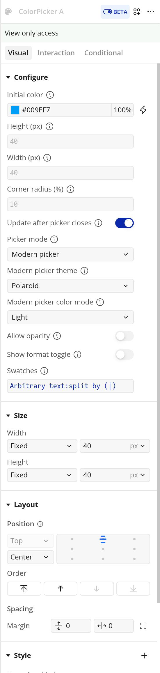 Color picker element properties