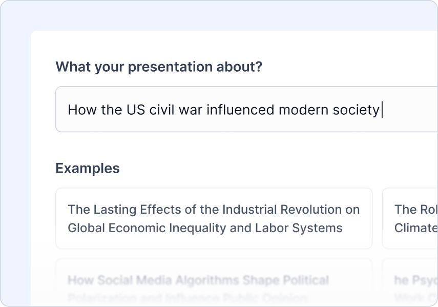 Enter Your Topic screen with a text input and example topics