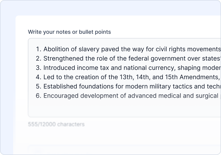 Upload Your Notes screen with a text area for notes and a character counter