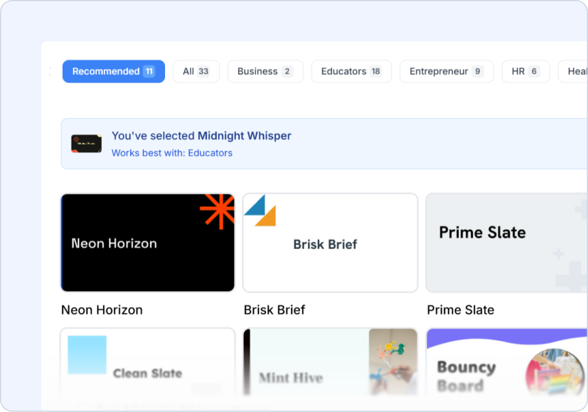 Pick a Theme screen showing a grid of template cards