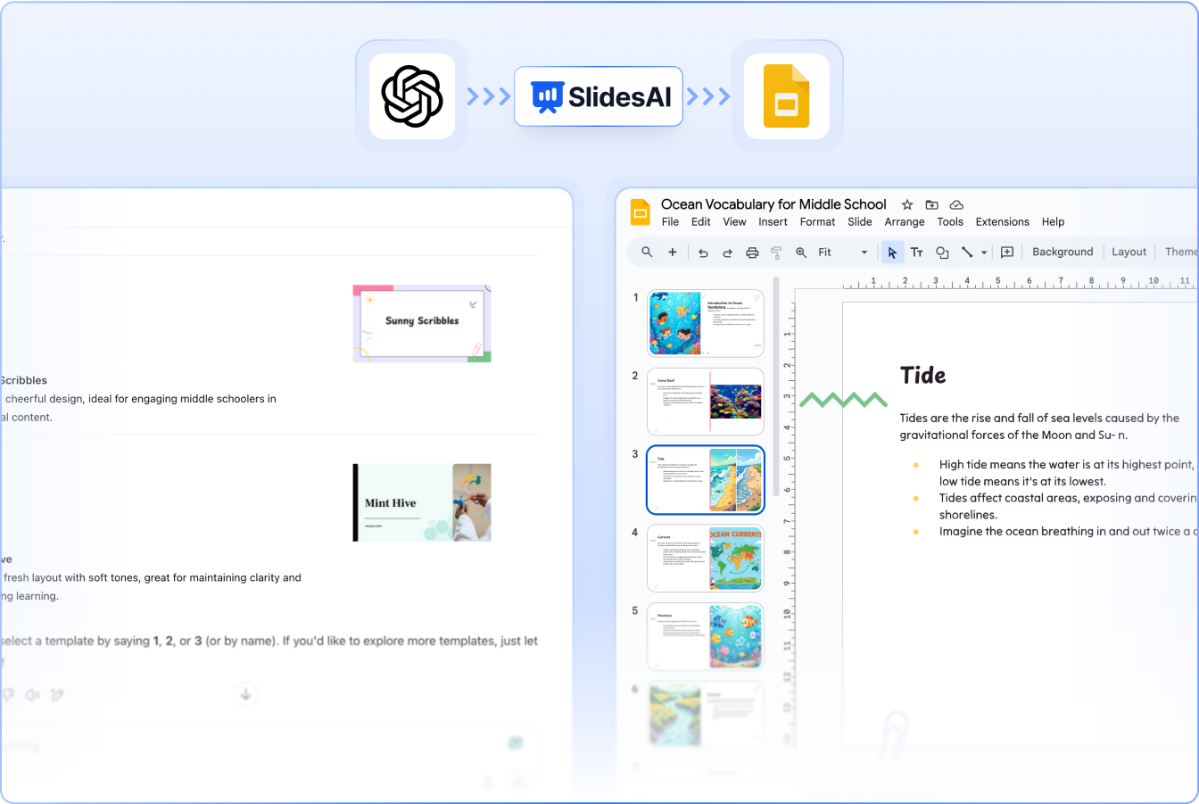 A generated presentation open in Google Slides showing slide thumbnails and slide content