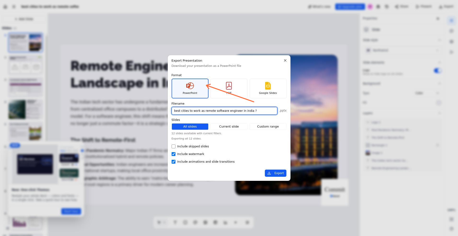 Export Presentation modal with PowerPoint format selected