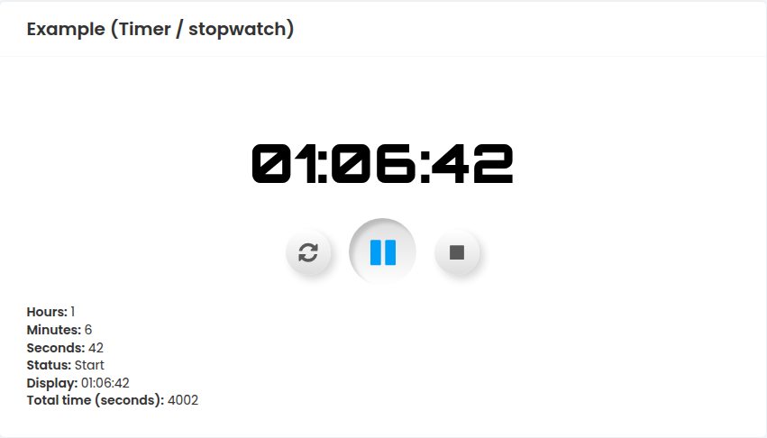 Timer / stopwatch demo showing an active timer and published states