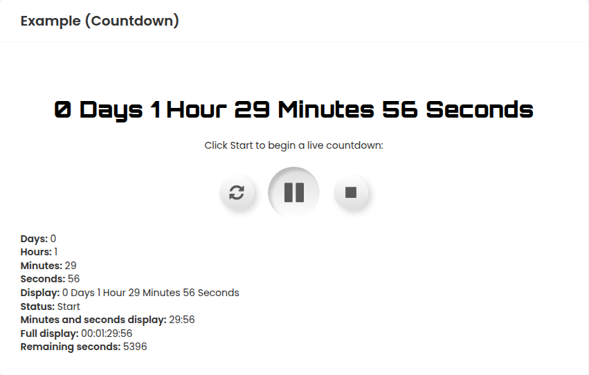 Countdown demo showing an active countdown and published states