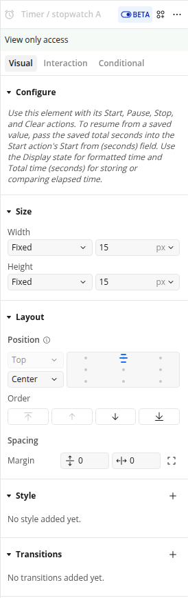 Timer / stopwatch element property panel in the Bubble editor