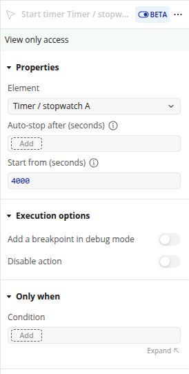 Start timer action property panel in the Bubble editor