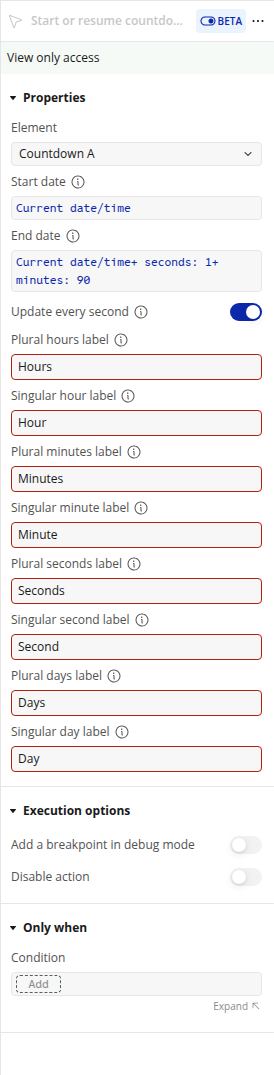 Start or resume countdown action property panel in the Bubble editor
