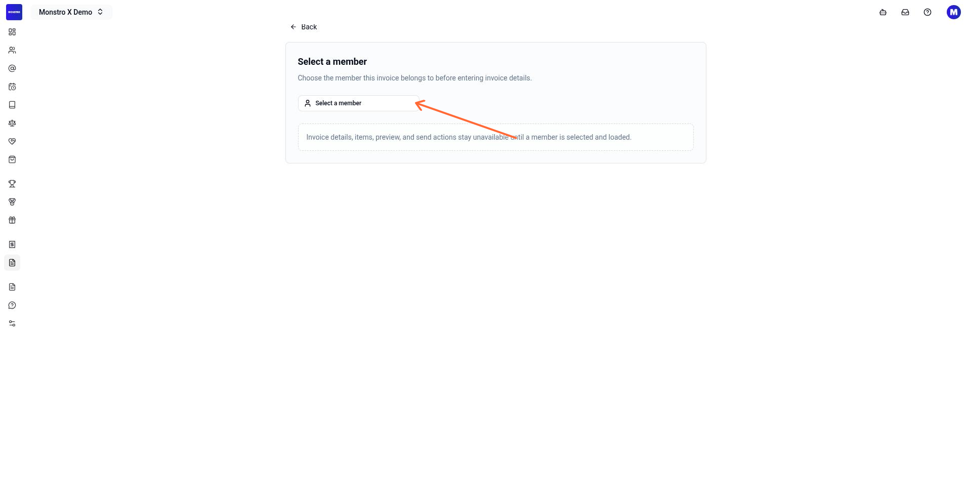 Invoice creation page showing the Select a member button