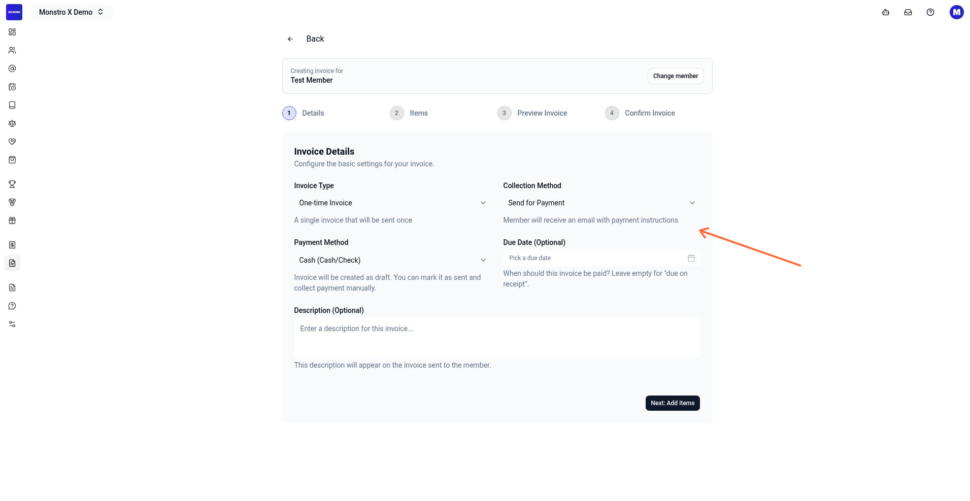 Invoice creation Details section showing Invoice Date, Due Date, Reference, and Description fields