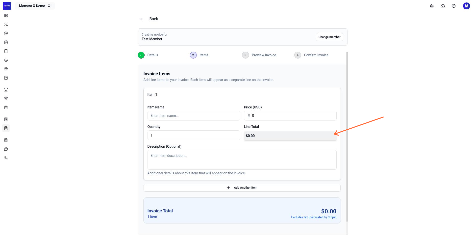 Invoice creation Items section showing Item Name, Price, Quantity, and Description fields