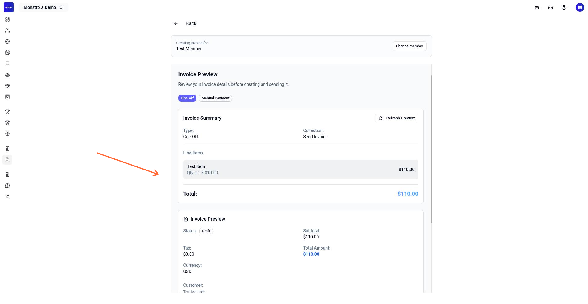 Invoice preview showing the invoice summary and Confirm Invoice button