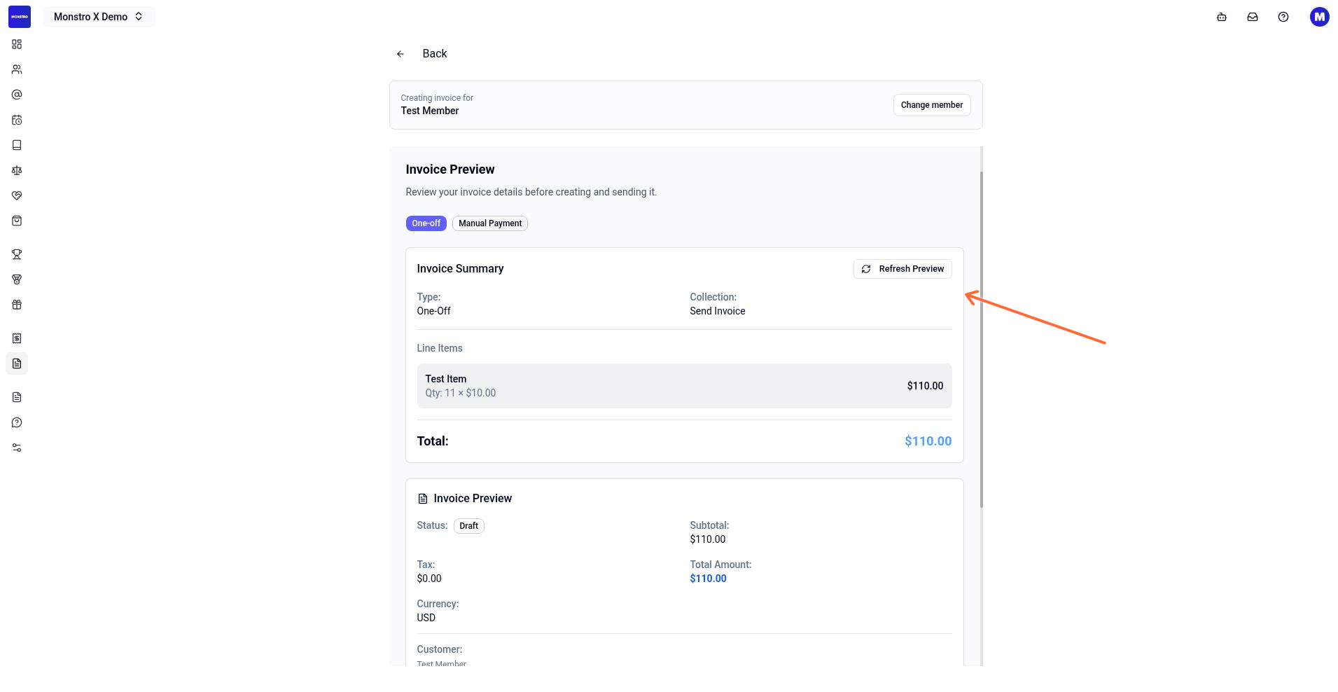 Invoice preview with Test Item and total of $110.00, showing the Confirm Invoice button