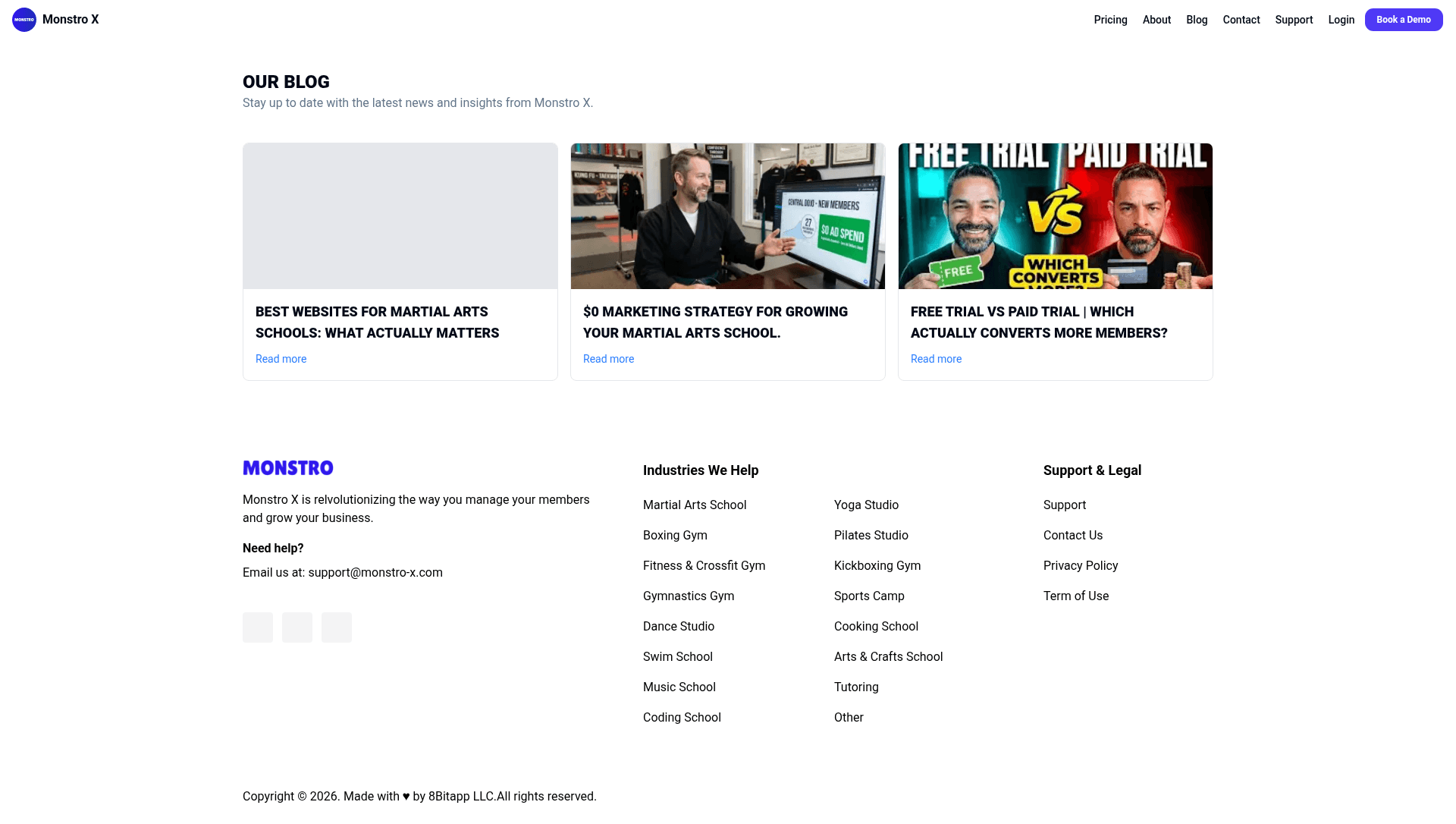 Public blog page showing published posts with featured images and Read more links