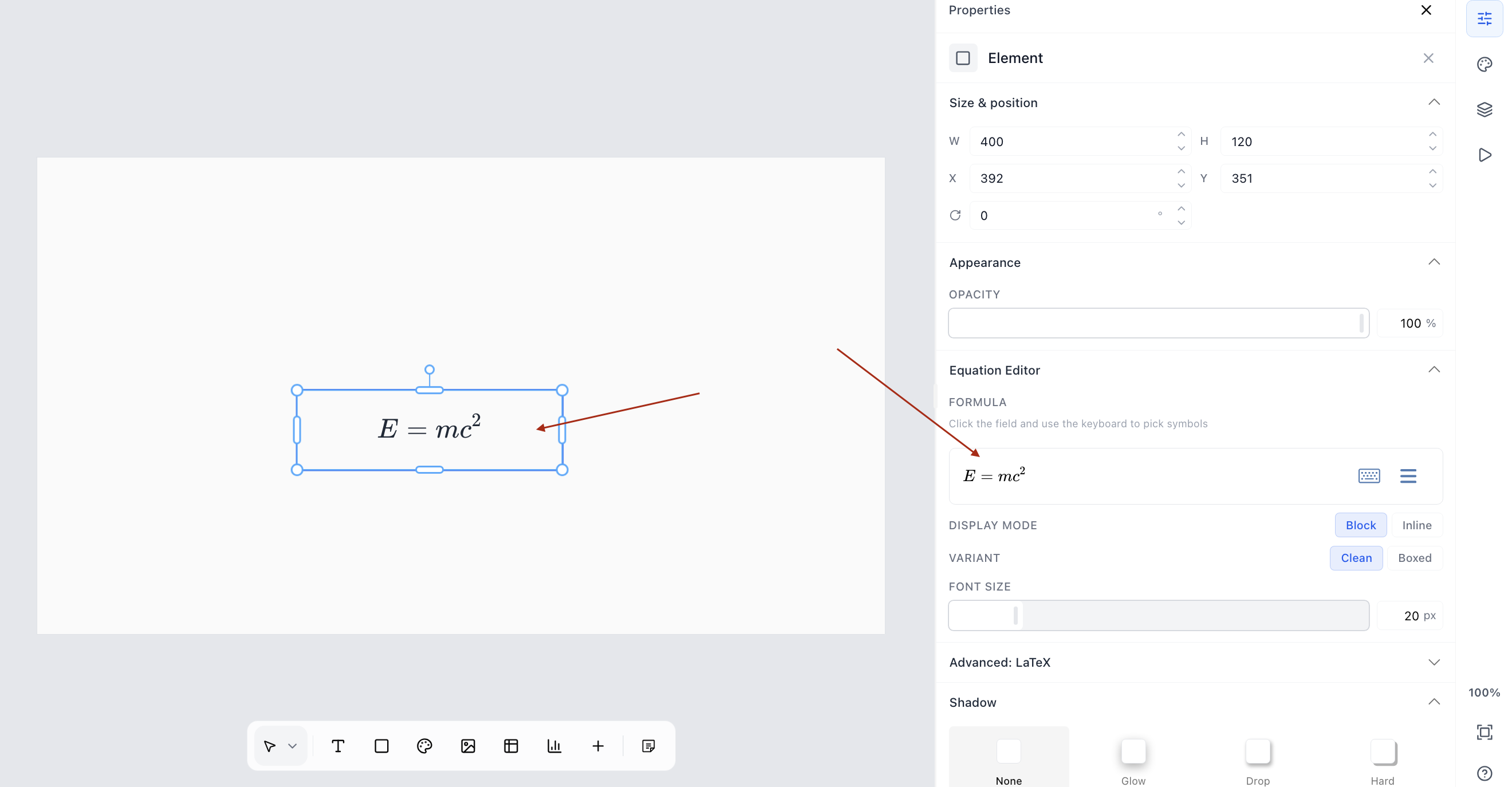 The Equation Editor panel on the right side of the editor, showing the Formula input field, Display Mode options (Block, Inline), Variant options (Clean, Boxed), and Font size controls.