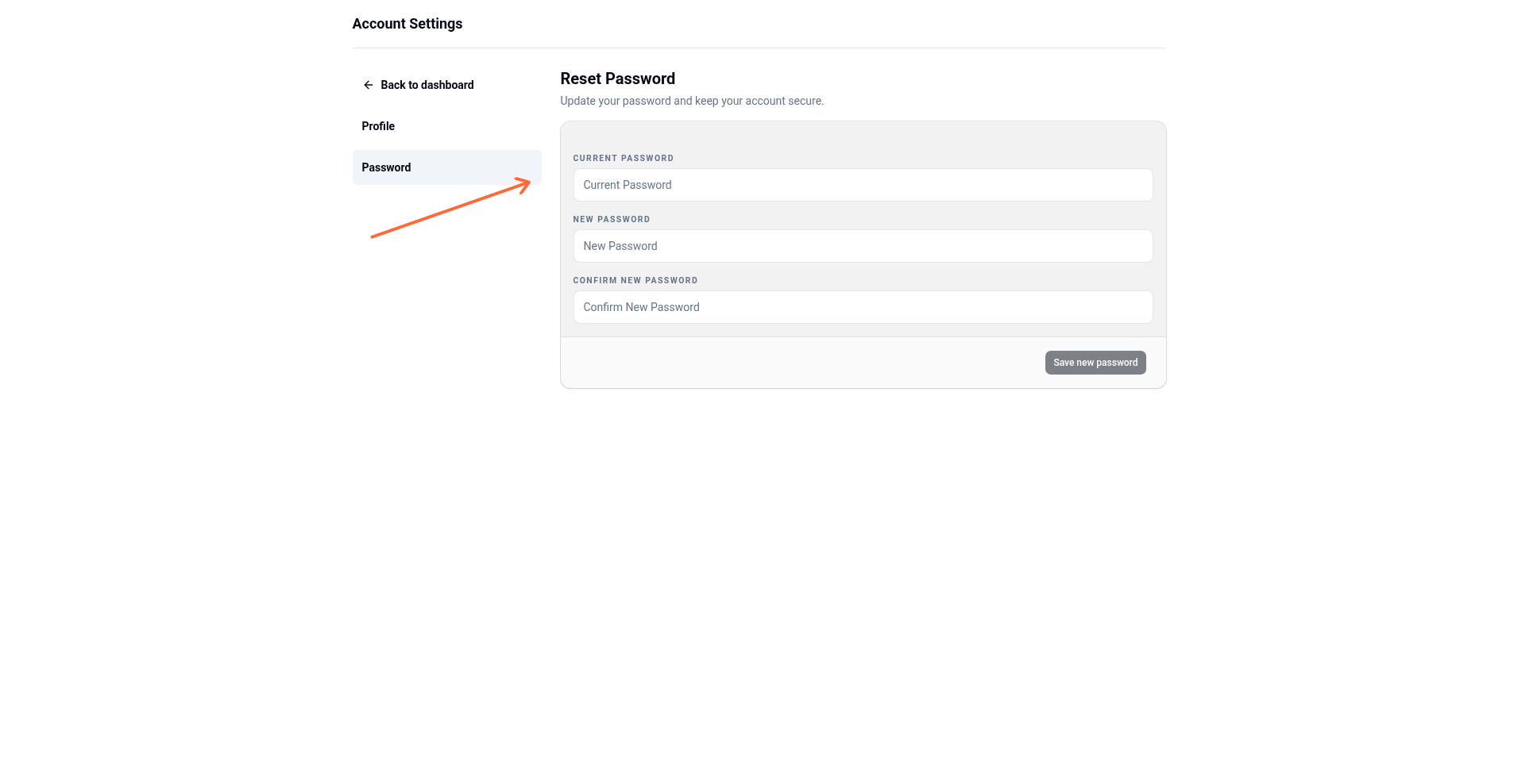 Reset Password form showing Current password, New password, and Confirm new password fields with the Save new password button