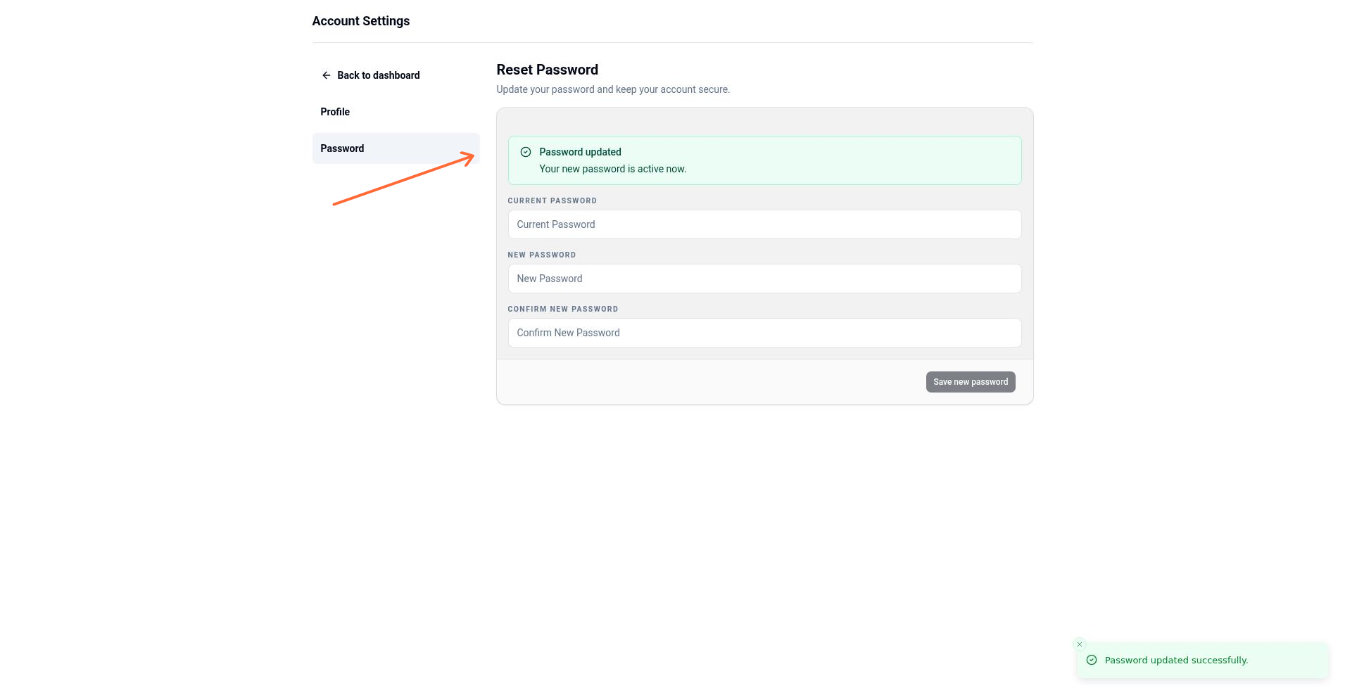 Success message showing Password updated with a checkmark and Your new password is active now