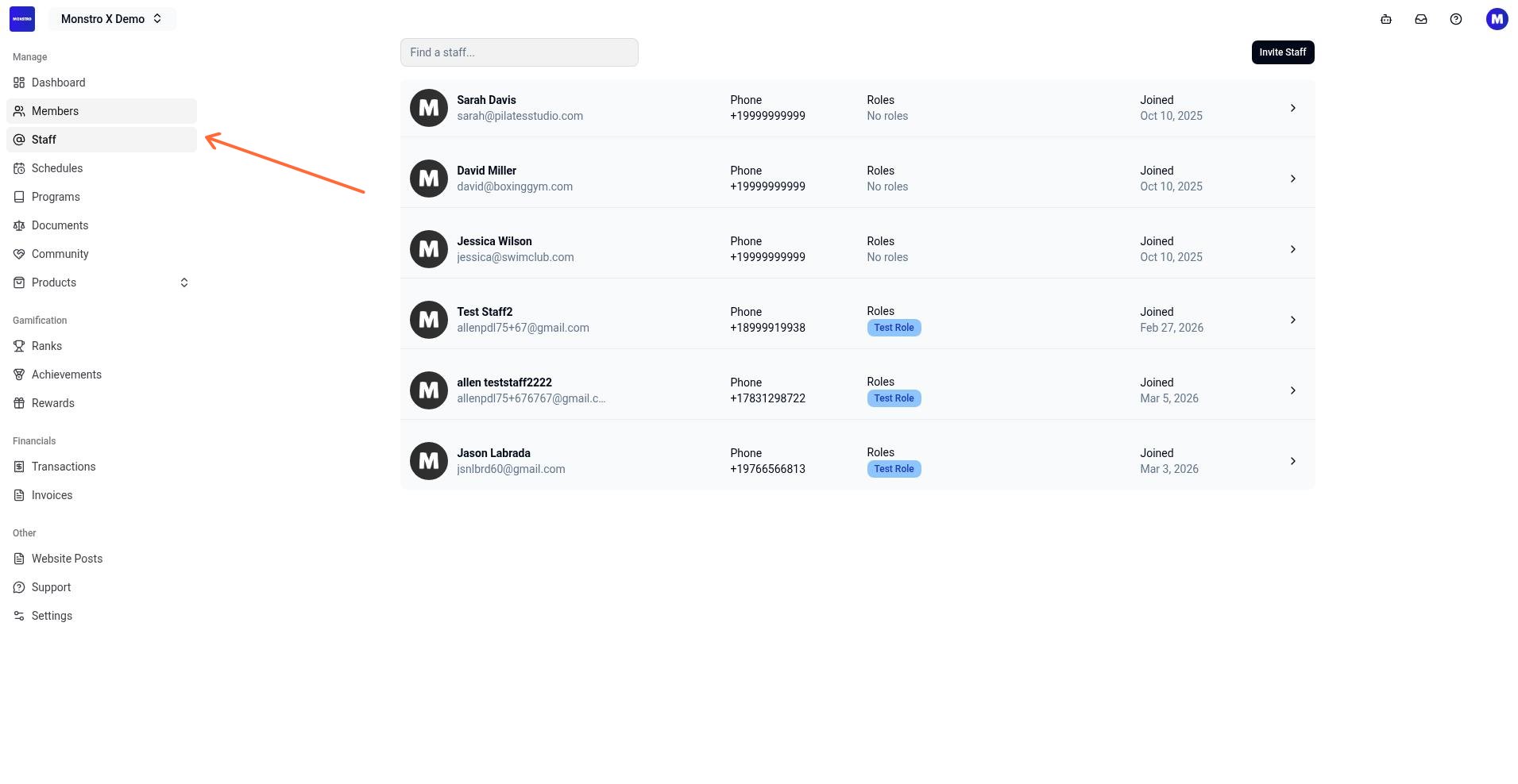 Staff list page showing staff members and the Invite Staff button
