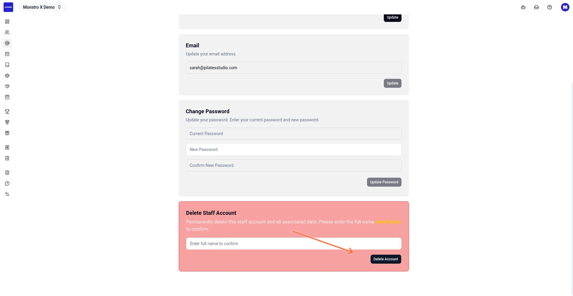 Staff detail page showing the Delete Account button at the bottom