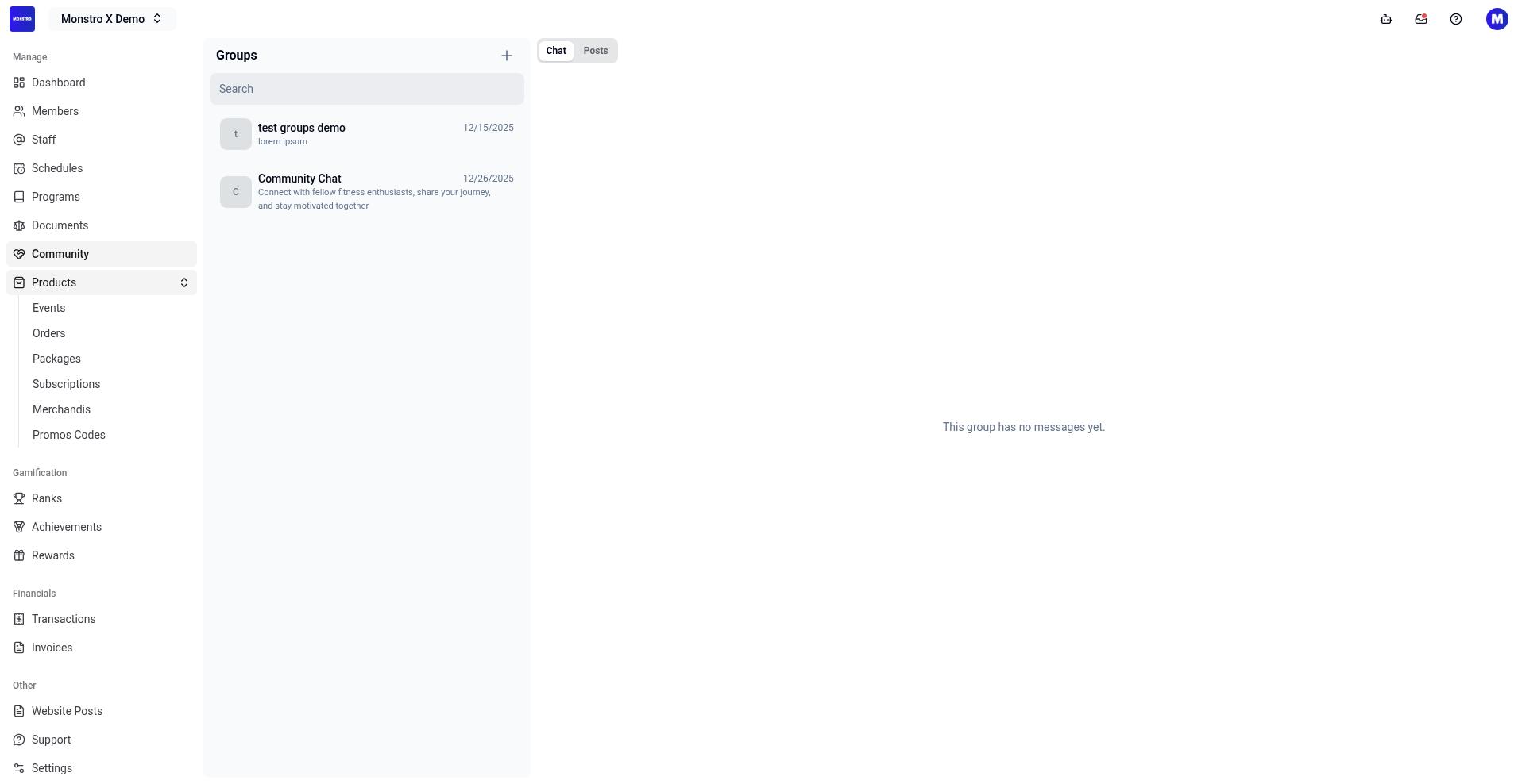 Groups page with Chat tab selected and no group selected yet