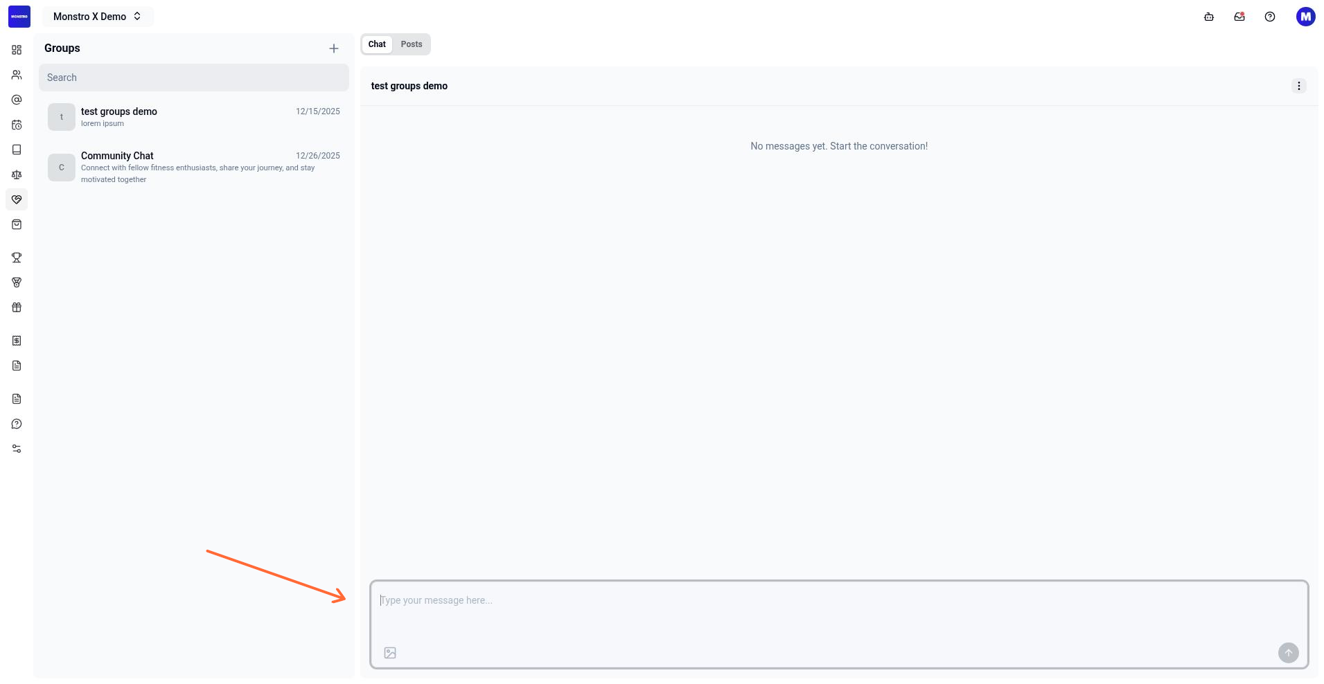 Message composer focused with Type your message here placeholder