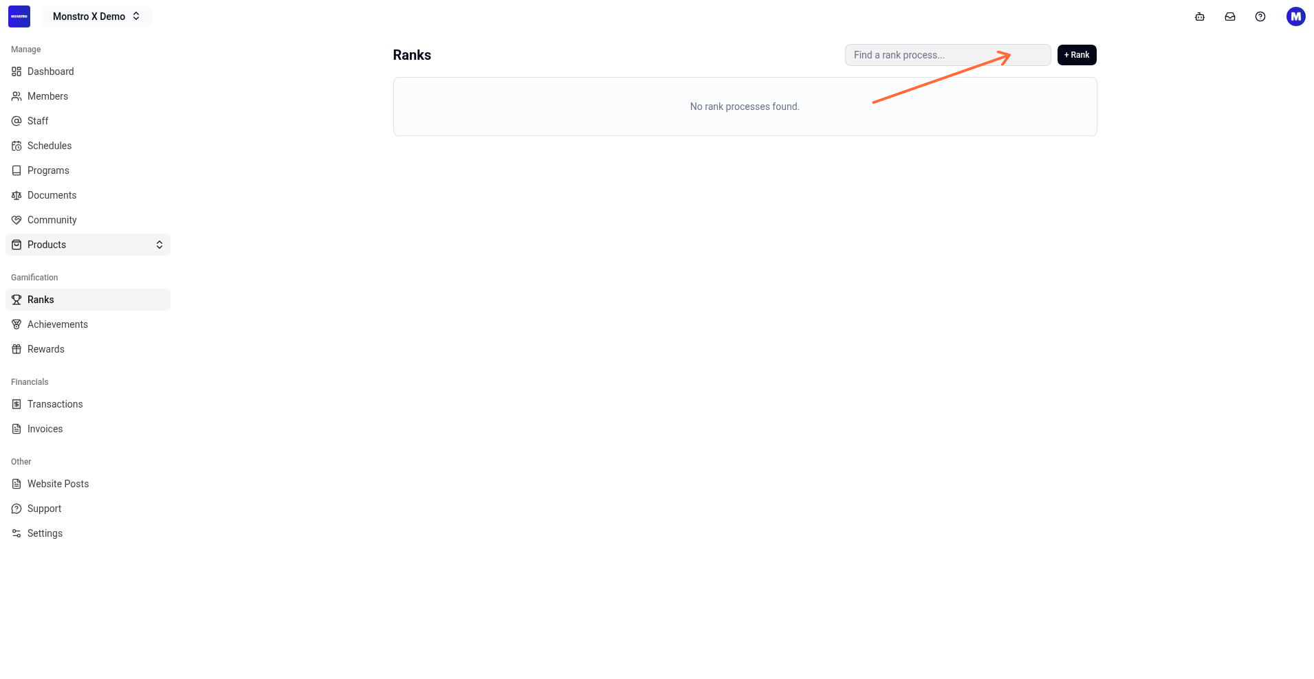 Ranks list page showing the + Rank button and search field