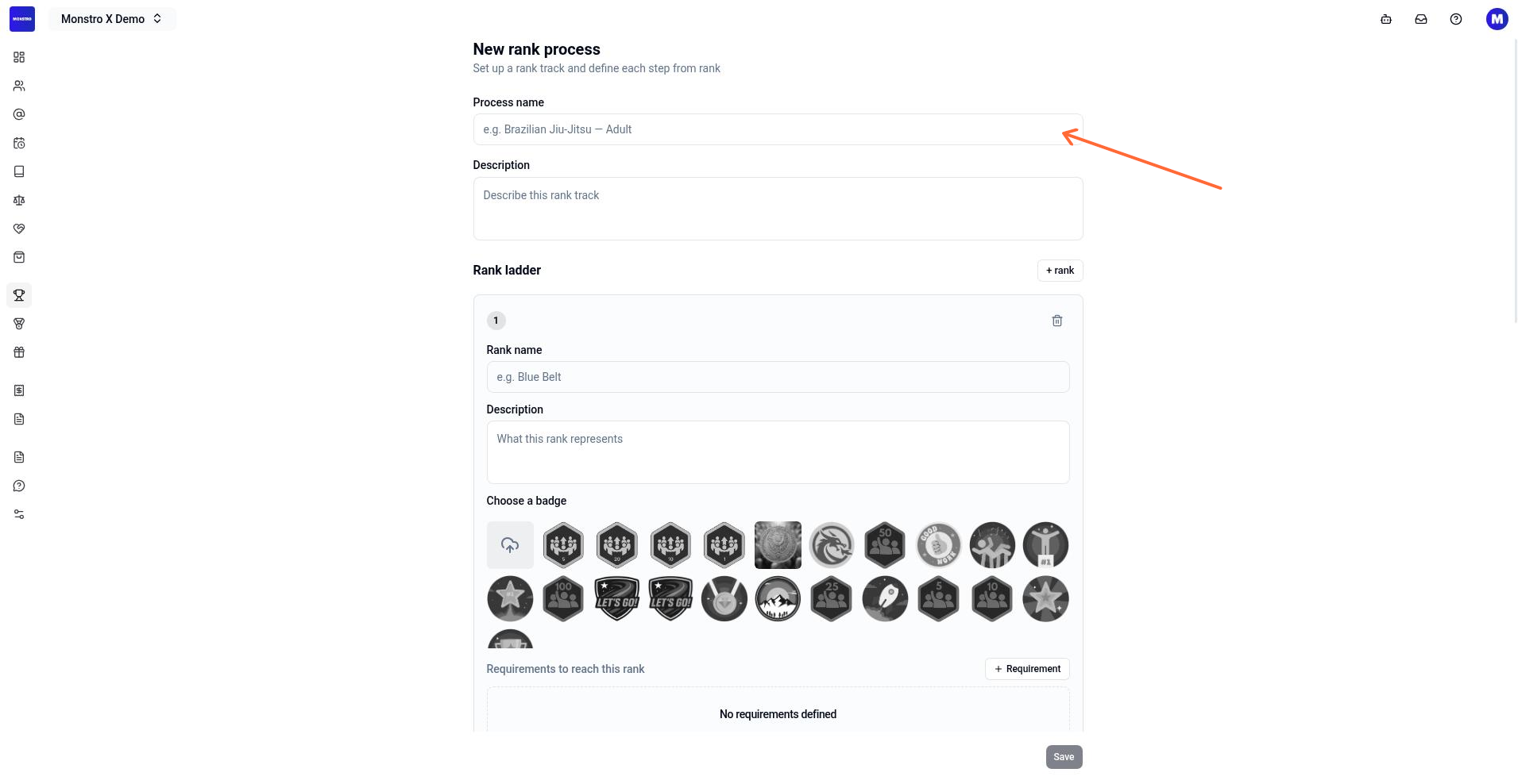 New rank process form with fields for process name, description, rank details, and requirements
