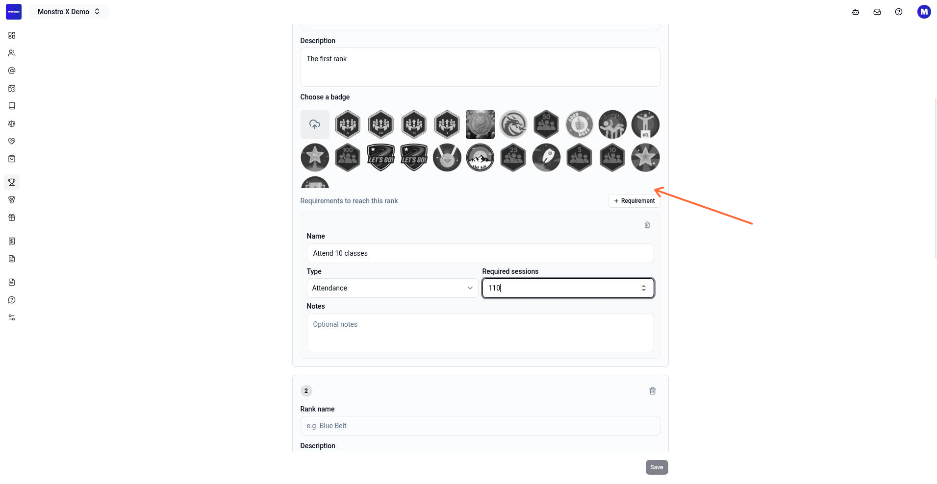Completed rank process form with process name, rank details, and requirement fields filled in