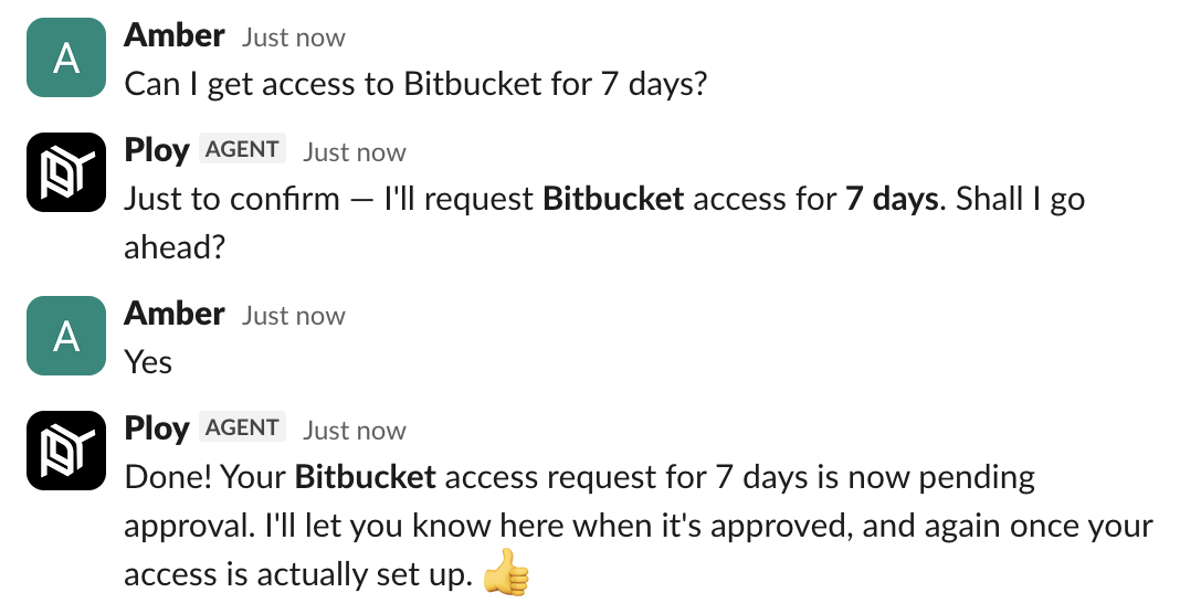 Slack conversation showing Amber requesting Confluence access for 60 days via the Ploy bot, with confirmation and approval
