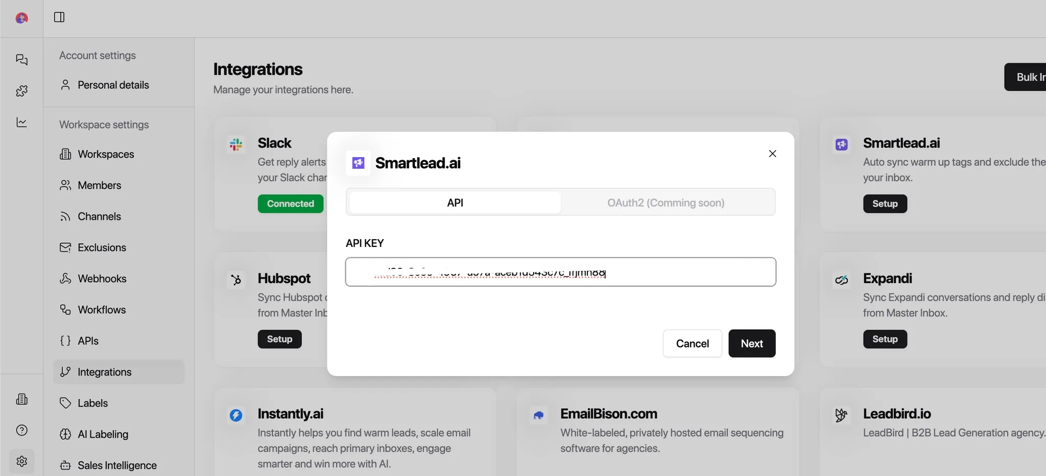 Paste API key in MasterInbox