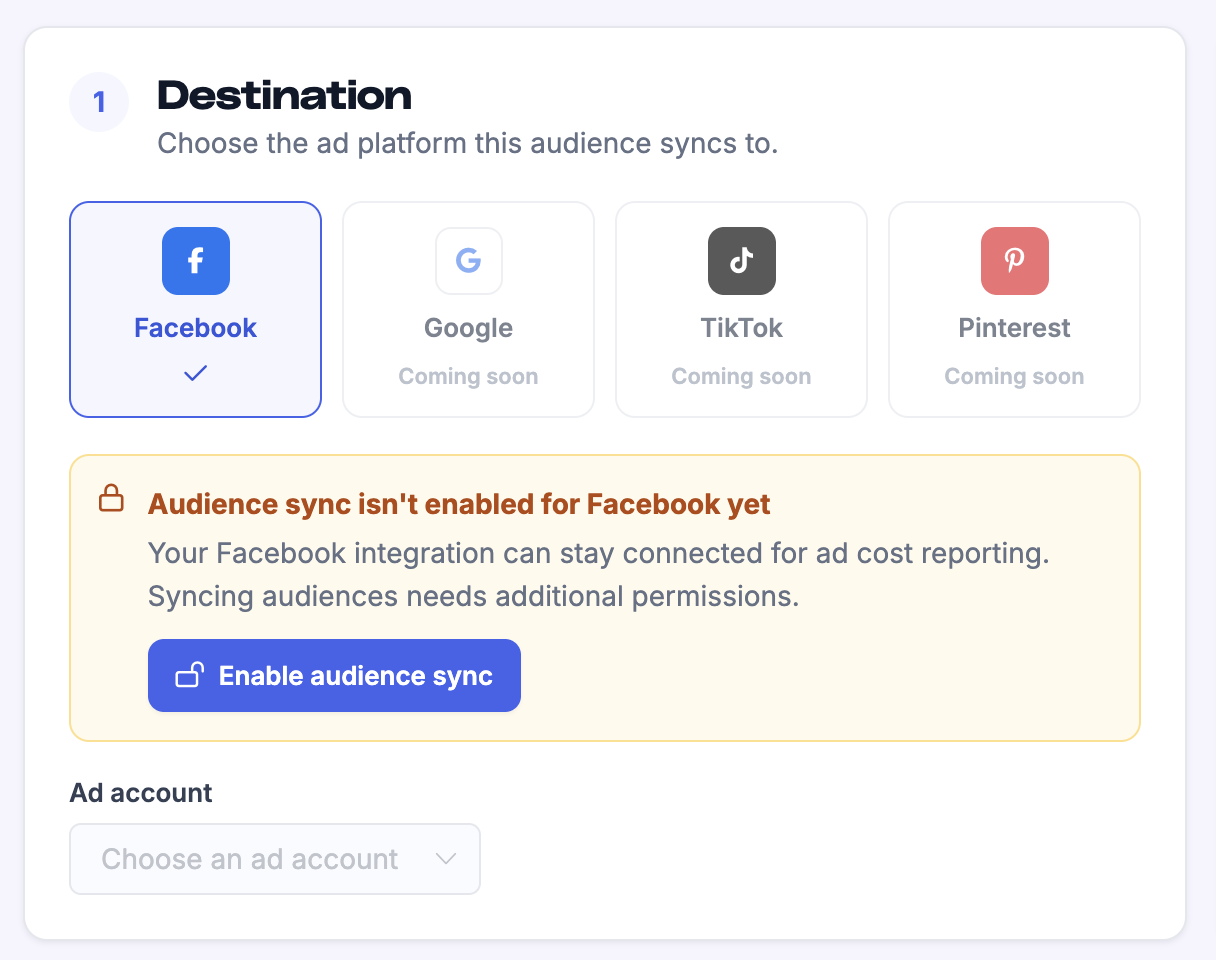 Facebook destination selection showing Enable audience sync button