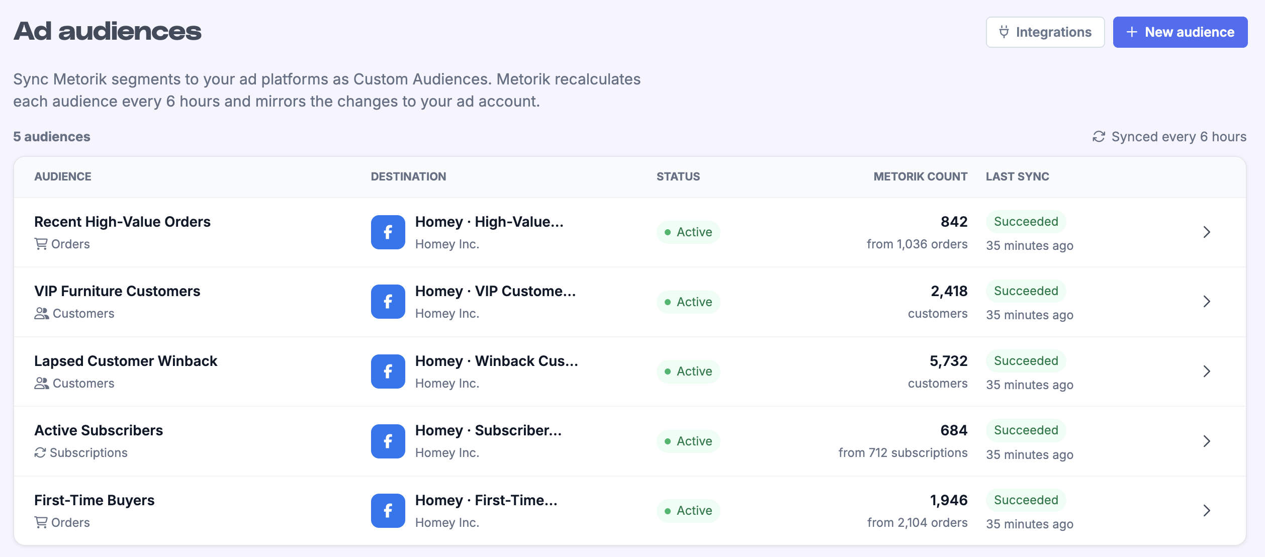 Ad audiences list showing active audiences with sync status and counts