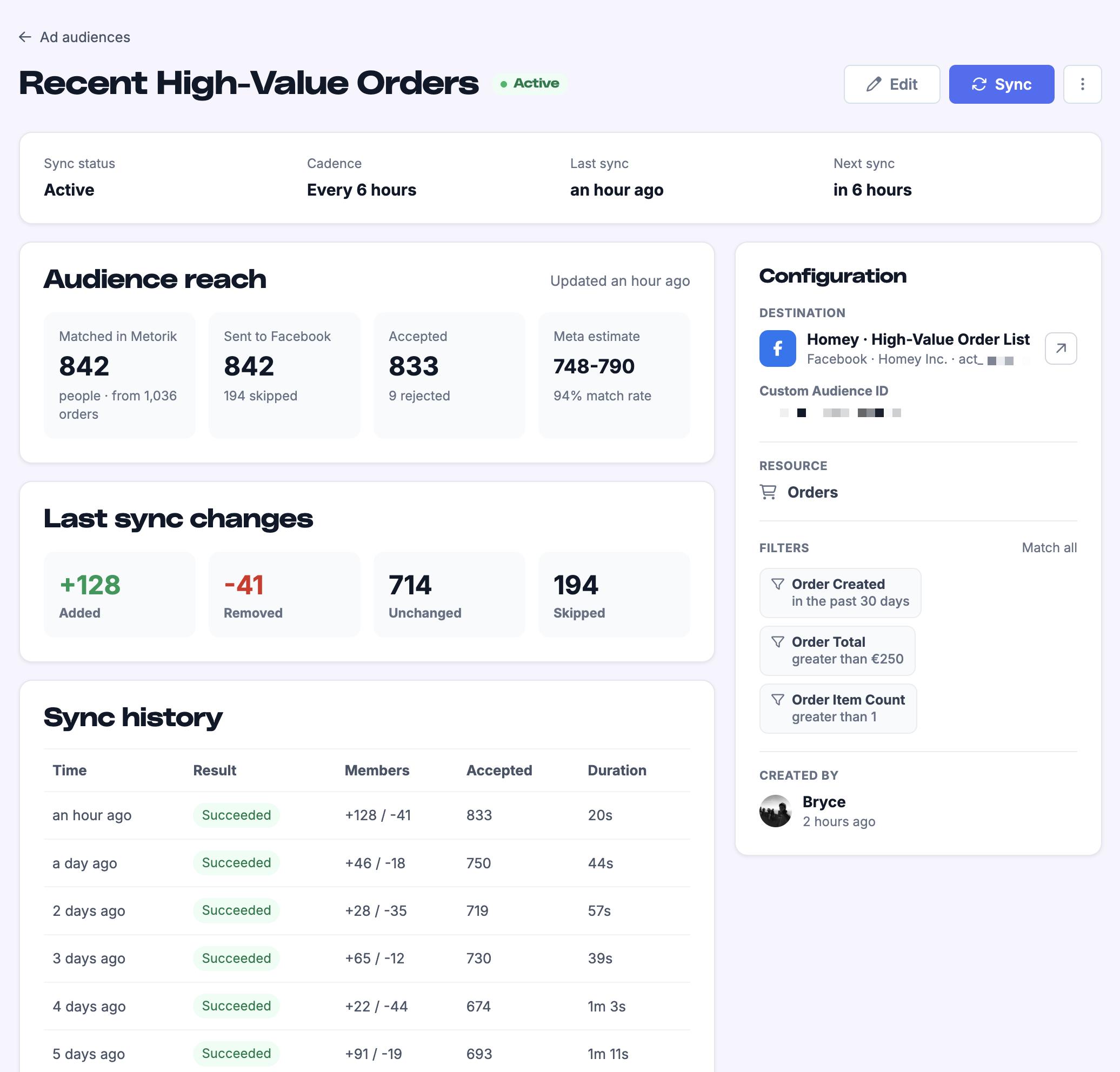 Audience detail page showing reach metrics, sync history, and configuration