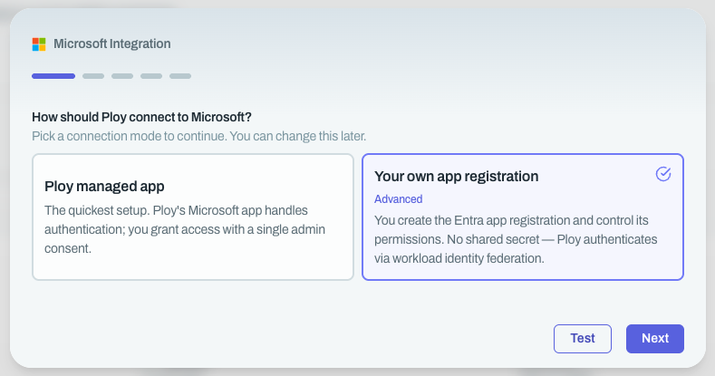Ploy Microsoft connection mode selection showing Ploy managed app and Your own app registration options