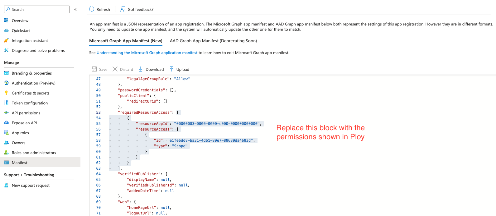 Ploy wizard showing the generated JSON permissions manifest to paste into the Entra app registration manifest