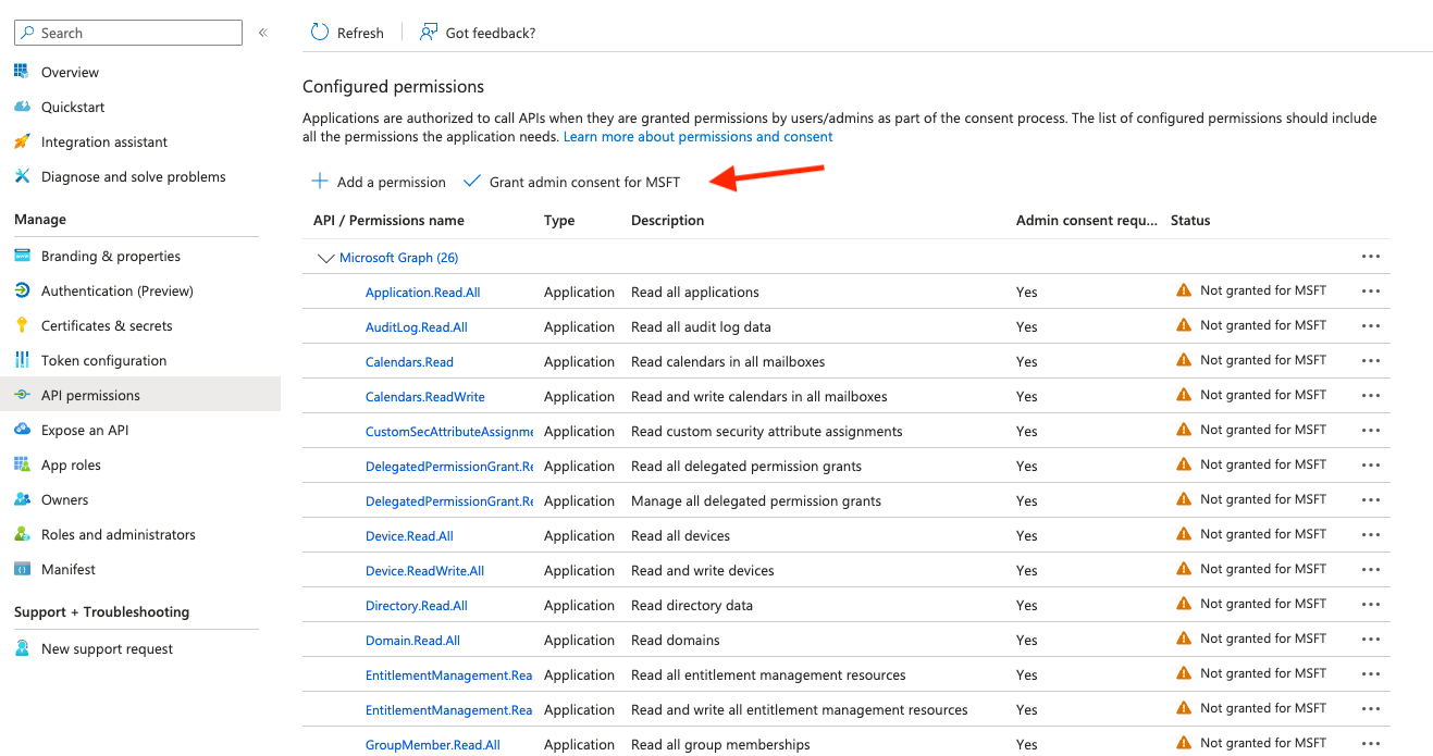 Entra app registration API permissions page showing where to click to grant Admin consent