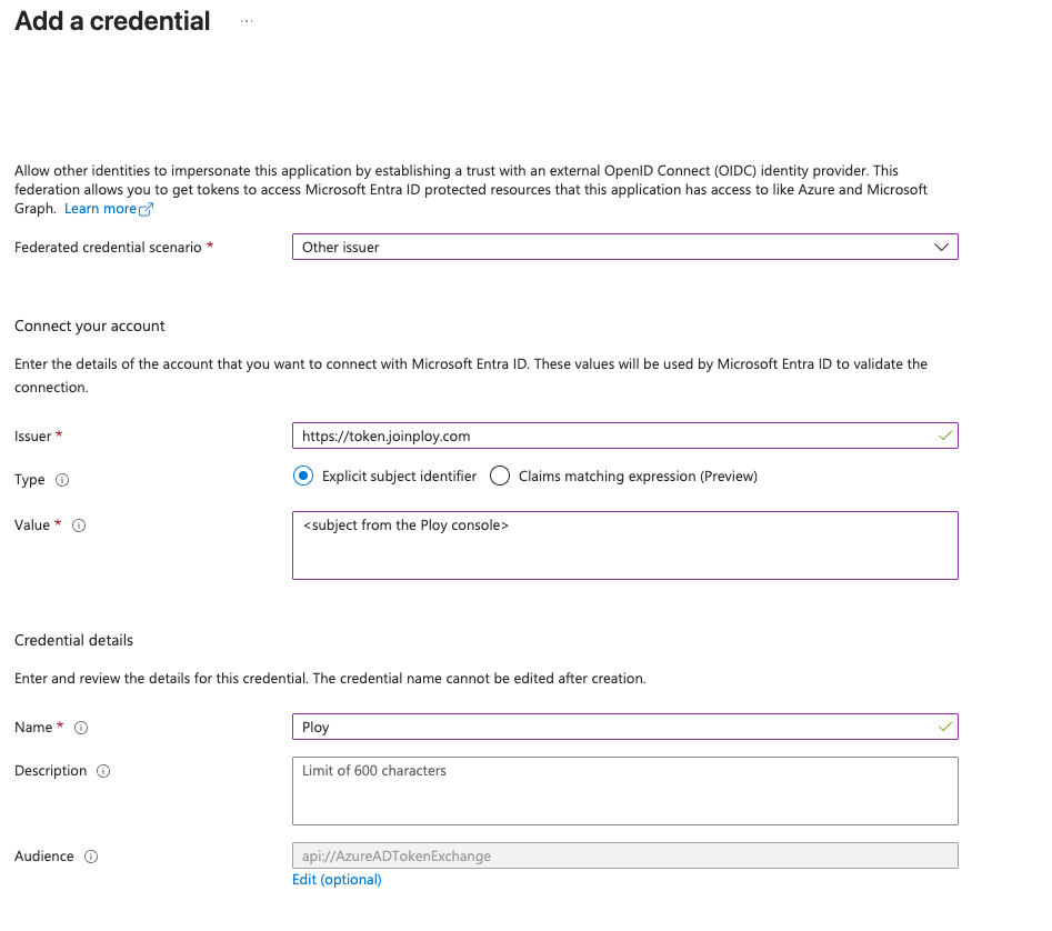 Entra federated credential form with Other issuer selected, showing Issuer and Subject identifier fields